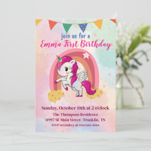 Invitation Unicornes magiques Aquarelle rose 1er anniversaire