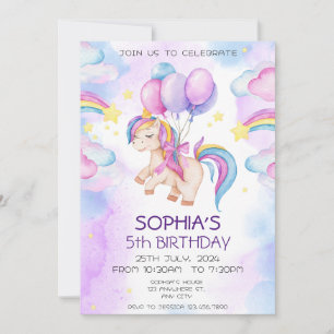 Invitation Unicornes magiques Purple Aquarelle fête d'anniver