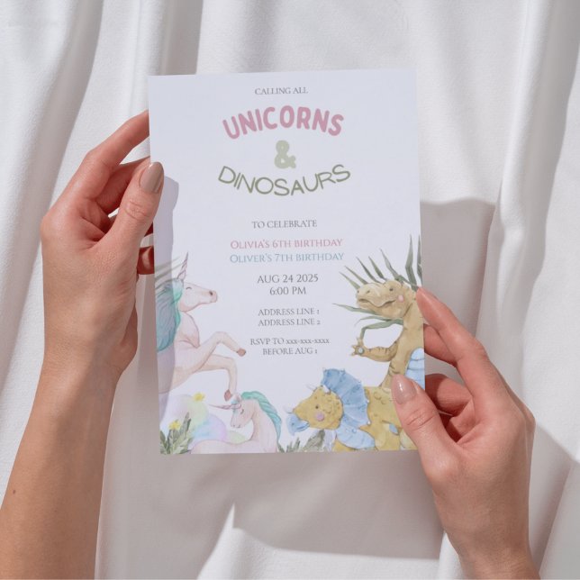 Invitation Unicornes mignonnes et dinosaures anniversaire con (Créateur téléchargé)