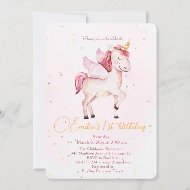 Invitation Unicornes Pegasus Aquarelle rose Filles d'annivers (Devant)