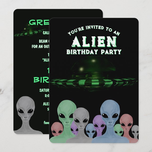 Invitation unique anniversaire 10 ans thème Aliens (Devant / Derrière)