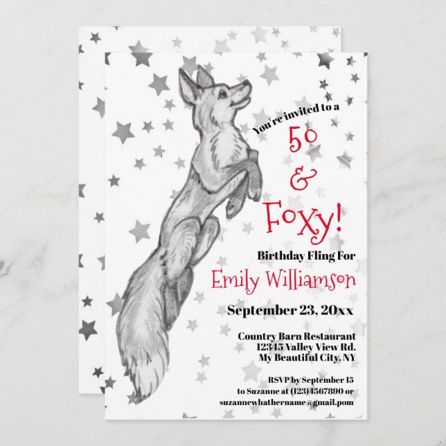 Invitation Unique Black White Red Fox Star Foxy 50e anniversa (Devant / Derrière)
