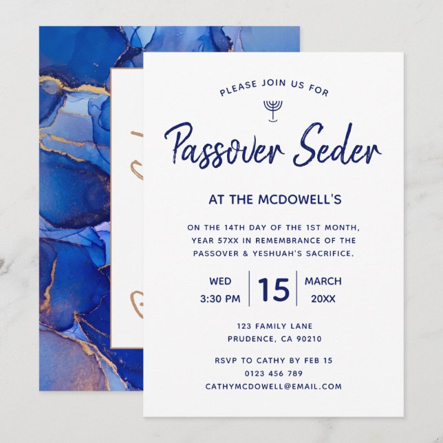 Invitation unique bleu or pour le Seder de Pâque (Devant / Derrière)