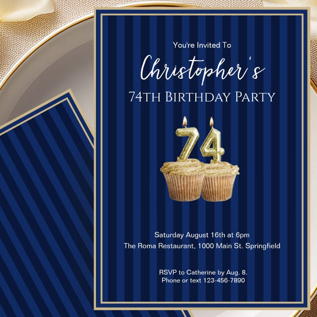 Invitation unique bleu or pour son 74ème anniversa (Créateur téléchargé)