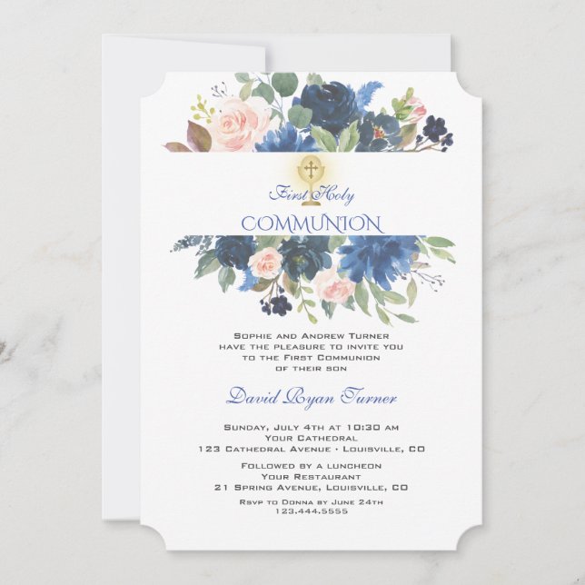 Invitation Unique Blue Blush Floral Gold Cross Holy Communion (Devant)
