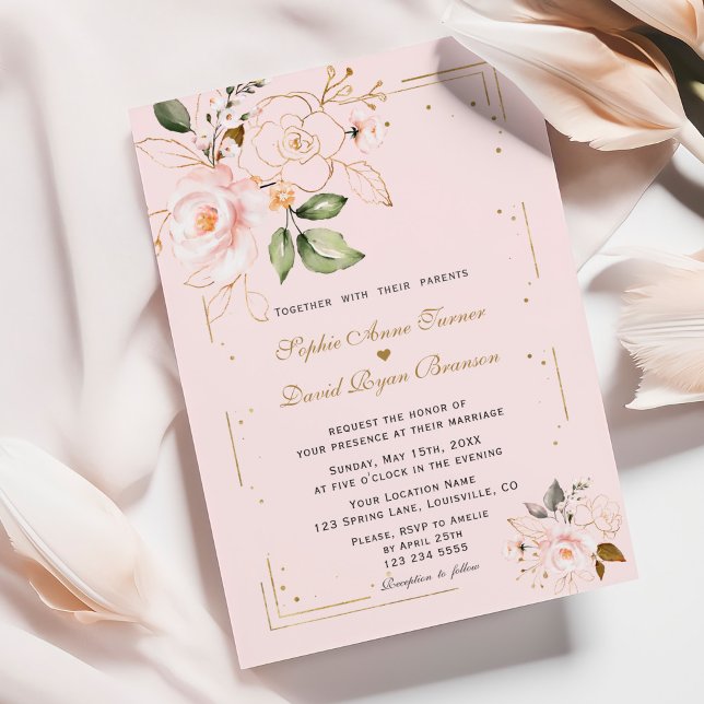 Invitation Unique Blush Pink Gold Flowers Monogram Mariage (Créateur téléchargé)