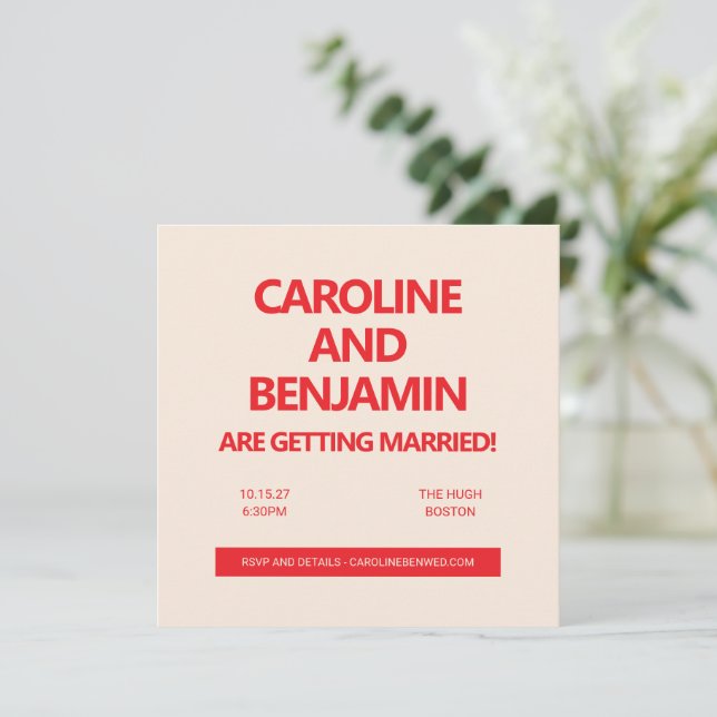 Invitation Unique Bold Red Text Modern Minimalist Wedding  (Debout devant)