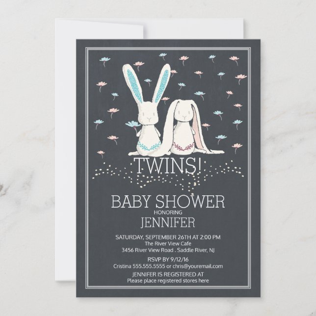 Invitation Unique Chalkboard TWIN Girl Boy Bunny Baby shower (Devant)