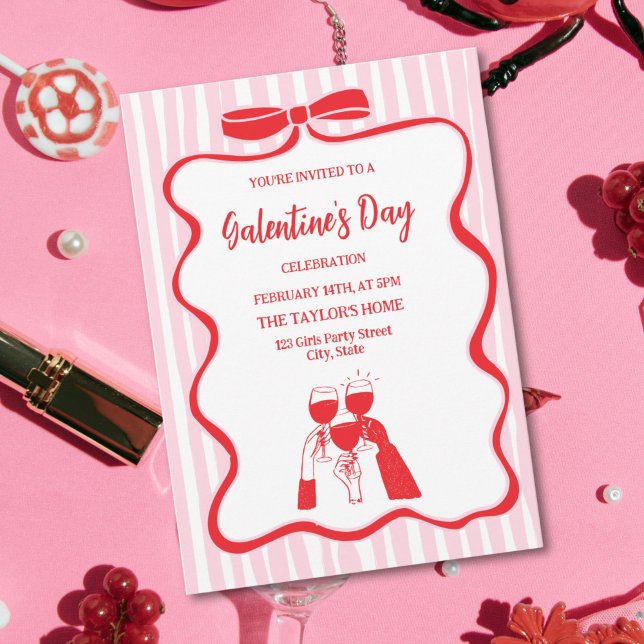 Invitation Unique Cocktail Galentine's Day Party Brunch  (pink and red bow and red doodle champagne galentine's  party invitation)