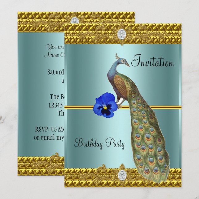 Invitation Unique et Élégante Gold et Peacock (Devant / Derrière)