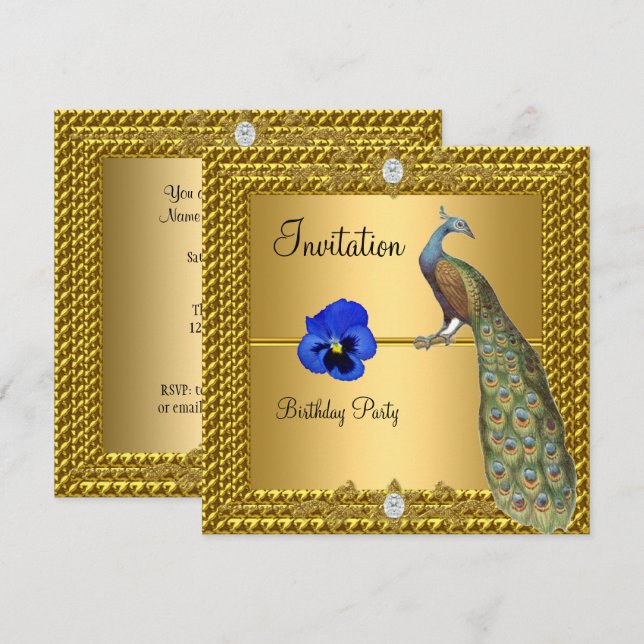 Invitation unique et élégante or et paon (Devant / Derrière)
