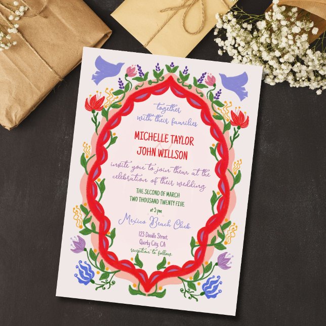 Invitation Unique Floral Fantaisiste Doodle Dessin à la Main  (Unique Whimsical Floral Quirky Doodle Hand Drawn Invitation)