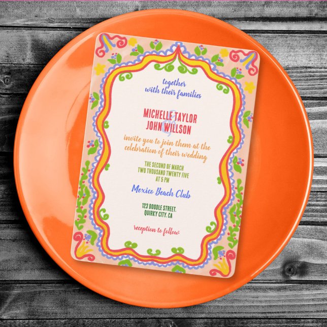 Invitation Unique Floral Fantaisiste Doodle Dessiné à la Main (whimsical unique colorful hand drawn floral wedding invitation)