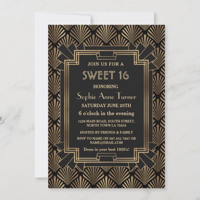 Invitation Unique Gold Black Great Gatsby Art Déco SWEET 16 (Devant)