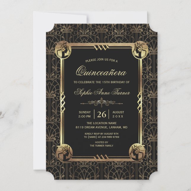 Invitation Unique Gold Great Gatsby Art Déco Quinceañera (Devant)