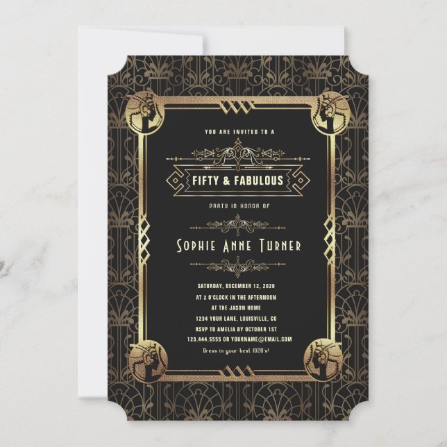 Invitation Unique Gold Noir Grand Gatsby Cinquante Et Fabuleu (Devant)