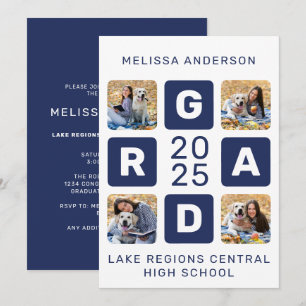 Invitation Unique Grad Navy Bleu Blanc 5 Photo Graduation