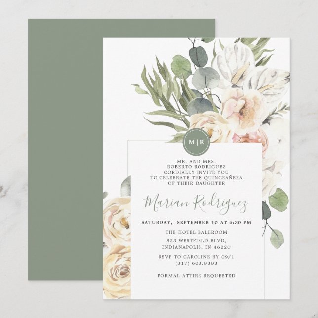 Invitation Unique Gree Floral Eucalyptus Monogram Quinceañera (Devant / Derrière)
