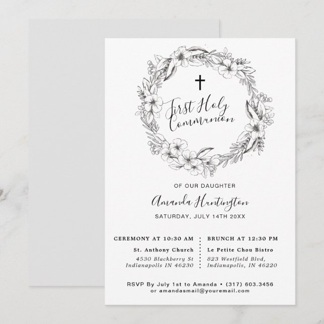 Invitation Unique Gris Floral Première Communion Holly (Devant / Derrière)