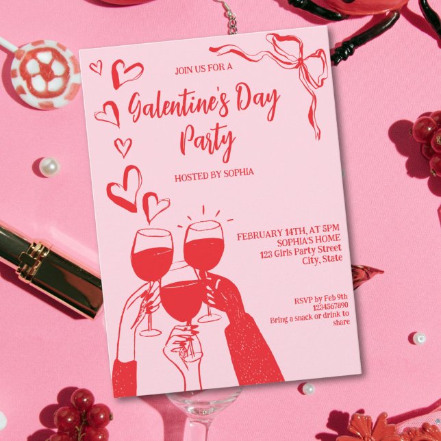 Invitation Unique Hand Drawn Pink Red Galentine's Day Party (Unique Hand Drawn Pink Red Galentine's Day Party Invitation)
