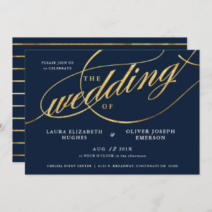 Invitation Unique Mariage moderne marine & Gold Script