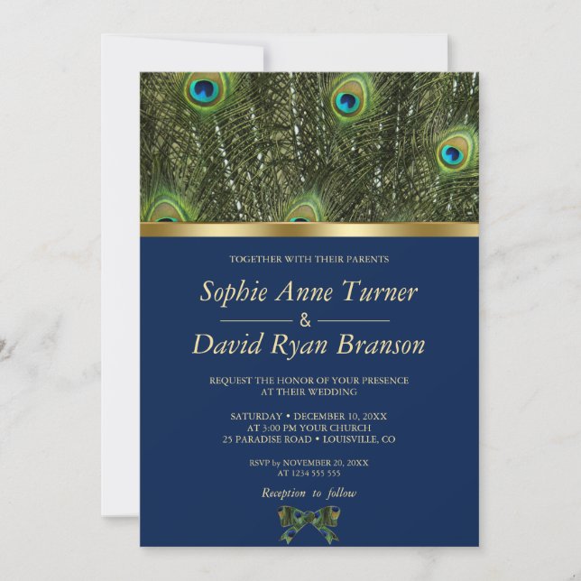 Invitation Unique Marine Blue Gold Peacock Feaths Mariage (Devant)