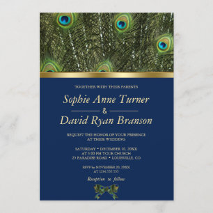Invitation Unique Marine Blue Gold Peacock Feaths Mariage