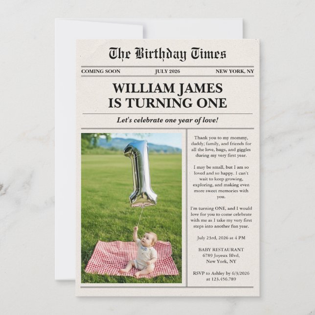 Invitation Unique Photo Newspaper 1er Anniversaire (Devant)