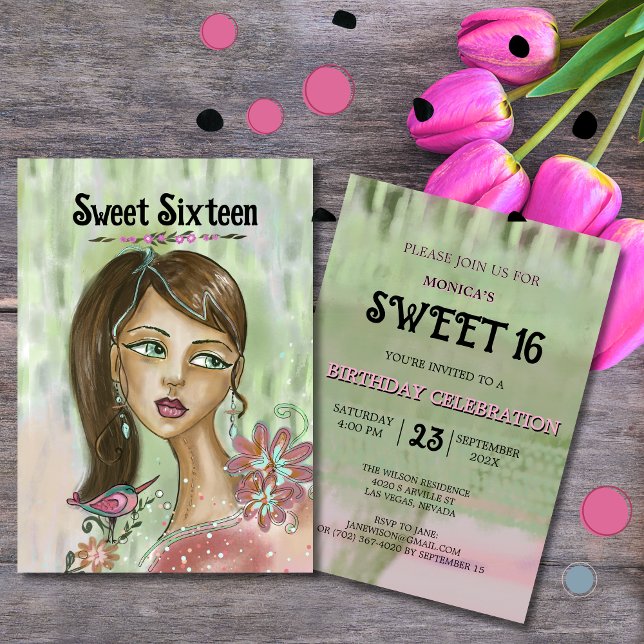 Invitation unique pour Sweet 16 - Fille fleurie Wh (Unique Sweet 16 Invitation - Whimsical Flower Girl)