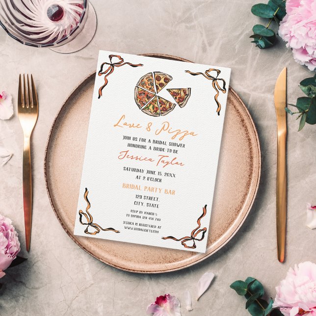 Invitation Unique Quirky Whimsical Bridal Brunch Love & Pizza (hand drawn cartoon pizza bridal shower invitation with bow border)