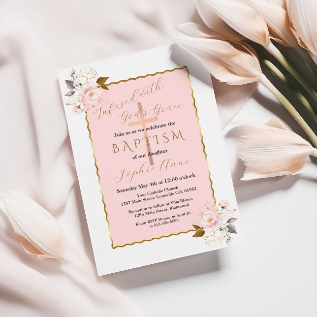 Invitation Unique Rose Blush Gold Flowers Girl Baptism (Créateur téléchargé)