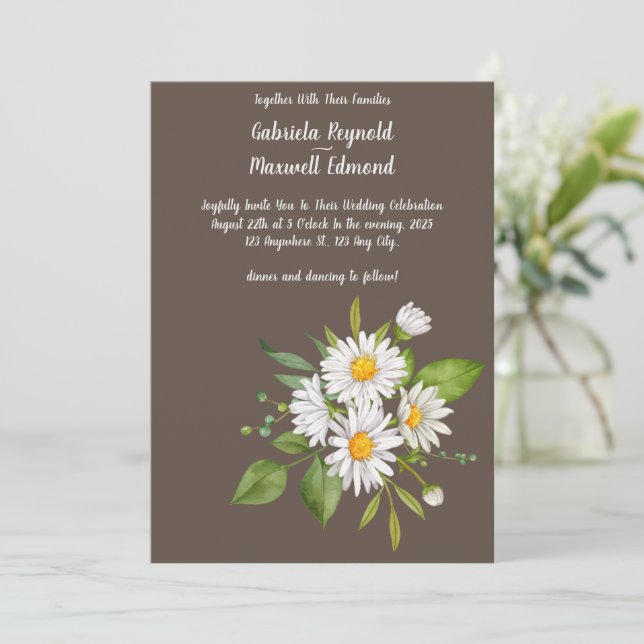 Invitation Unique Rustique Floral White Daisy Mariage (Debout devant)