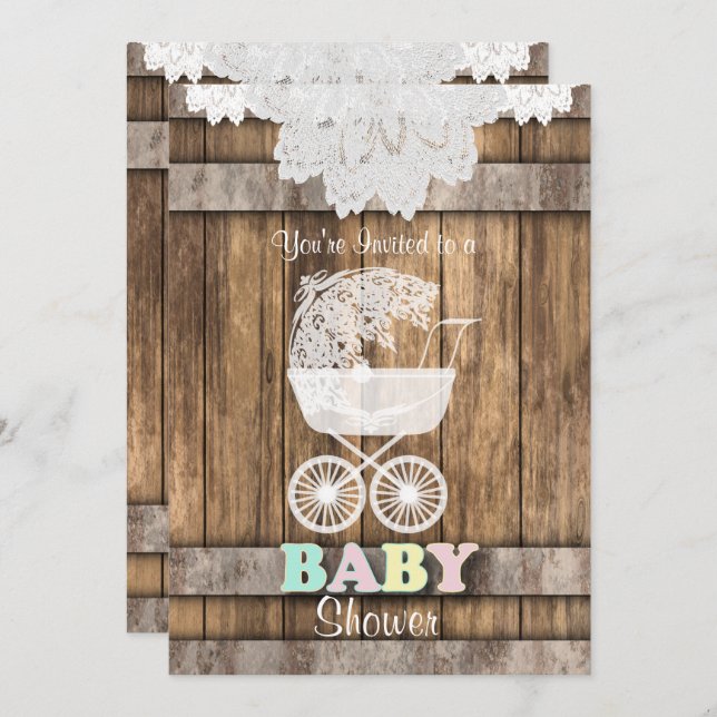 Invitation Unisex Baby 👶 douche en bois rustique et dentelle (Devant / Derrière)
