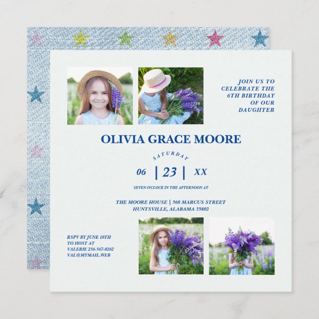 Invitation Unisex Denim Étoiles multicolores Enfants Annivers (Devant / Derrière)