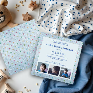 Invitation Unisex Denim Pois 3 Photos Enfants Anniversaire