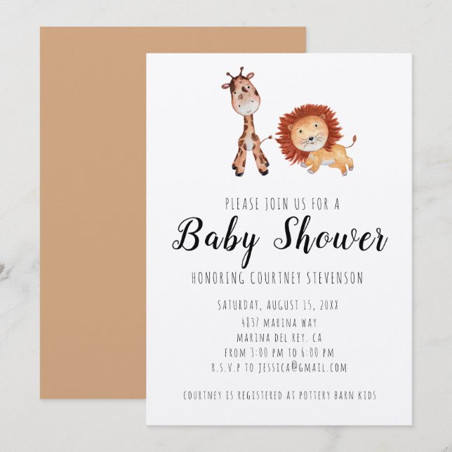 Invitation Unisex Giraffe & Lion Baby shower (Devant / Derrière)