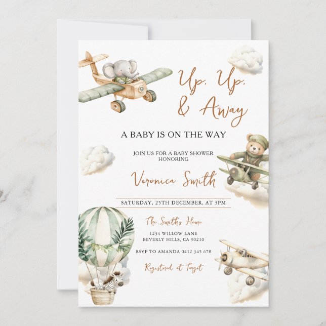 Invitation Up & Away, Hot Air Balloon Airplane Baby Shower (Devant)