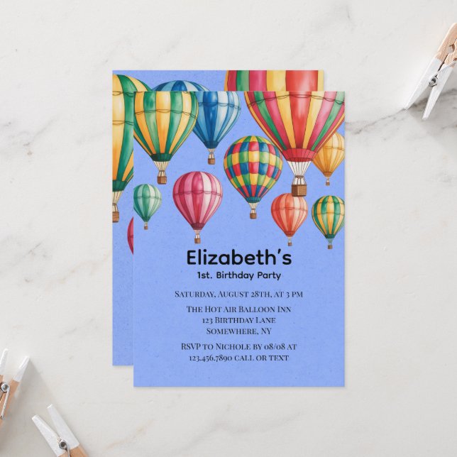 Invitation Up Up & Away 1st. Birthday Party (Devant/Arrière en situation)