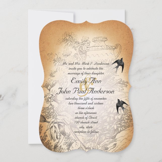 Invitation Urne Rustique Fleurs Vintage Oiseaux Mariage  (Dos)