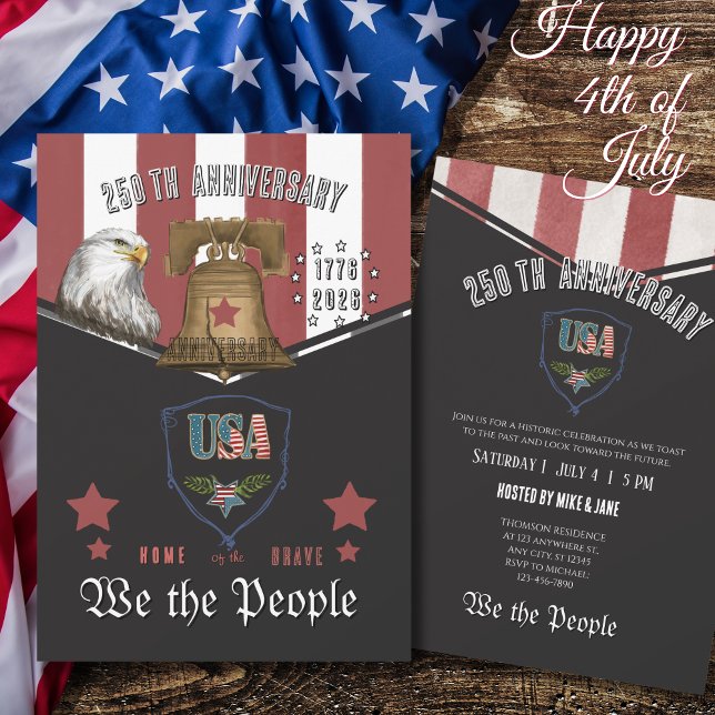 Invitation US 250 Nous le Peuple Aigle Dessiné à la Main et C (US 250 We the People Hand-Drawn Eagle and Bell Invitation)