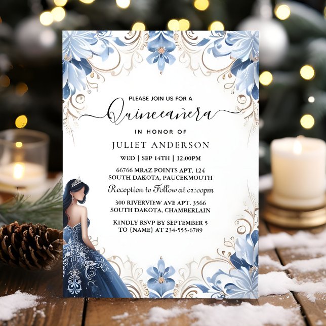 Invitation Us Ombre ivoire Ice Sky Gold Royal Blue Quinceaner (Créateur téléchargé)