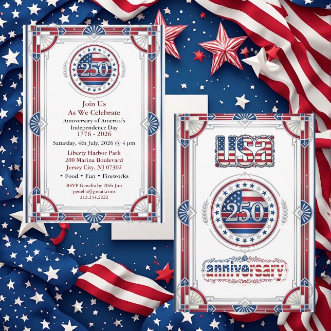 Invitation USA 250e anniversaire Rouge Blanc Bleu Chic Améric (USA 250th Anniversary Red White Blue American Chic Invitation)