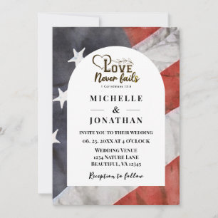 Invitation USA Flag Love Never Fails Bible Patriotic Mariage