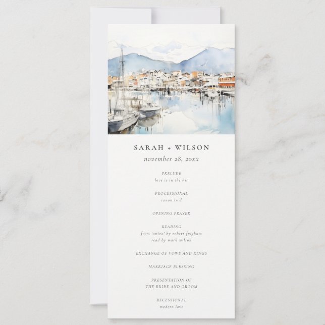 Invitation Ushuaia, Argentina Watercolor Scape Wedding Menu (Devant)
