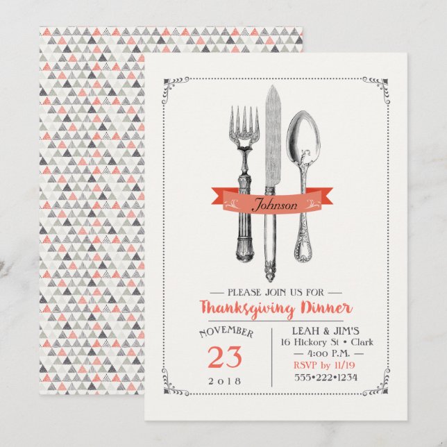 Invitation Ustensiles de diner de Thanksgiving pêche gris (Devant / Derrière)
