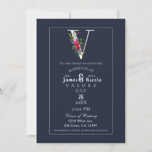 Invitation V Monogramme Dernier initial bleu Floral Mariage