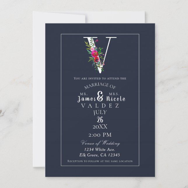 Invitation V Monogramme Dernière Initiale Moderne Fleurs Bleu (Devant)