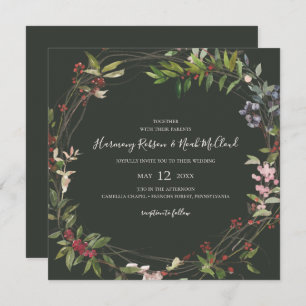 Invitation Vacances Chic Botanique   Mariage Carré vert foncé