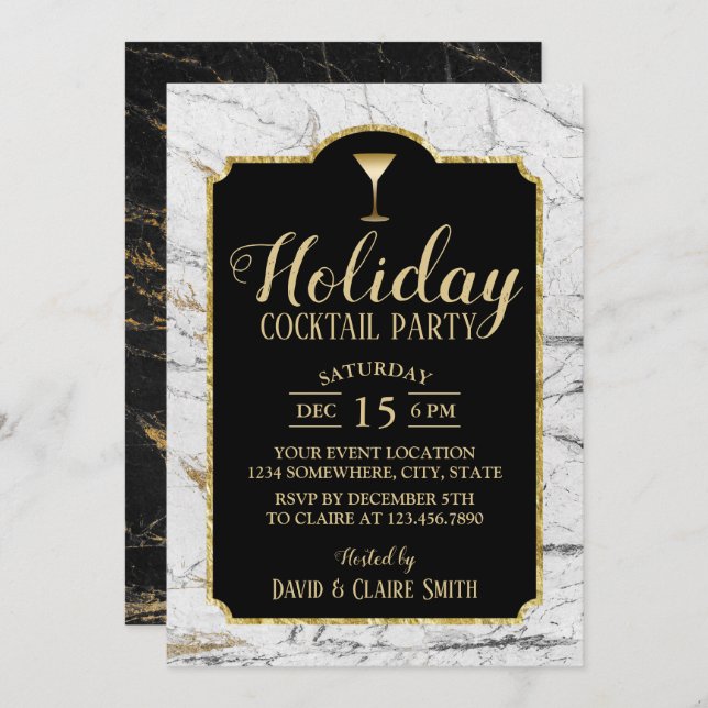 Invitation Vacances Cocktail Party Marbre blanc moderne (Devant / Derrière)