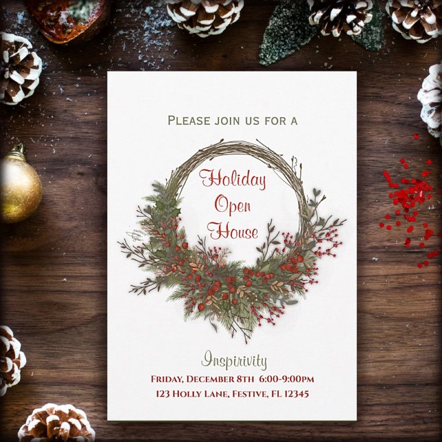Invitation Vacances Courbe ouverte Maison personnalisée Noël (Christmas Open House great for Business Holiday parties and get together.  Artwork by Inspirivity. )